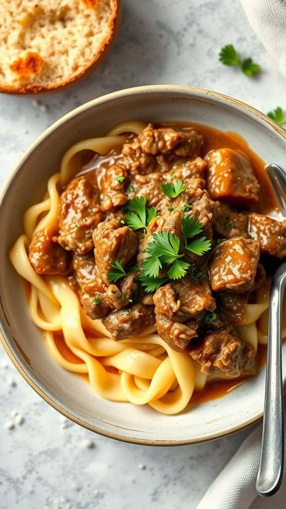 A bowl of beef stroganoff served over egg noodles with a garnish of fresh parsley.