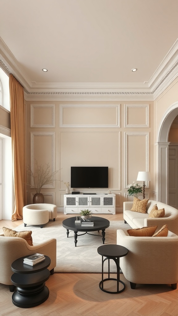A stylish living room featuring beige walls with white trim, elegant furniture, and soft decor.