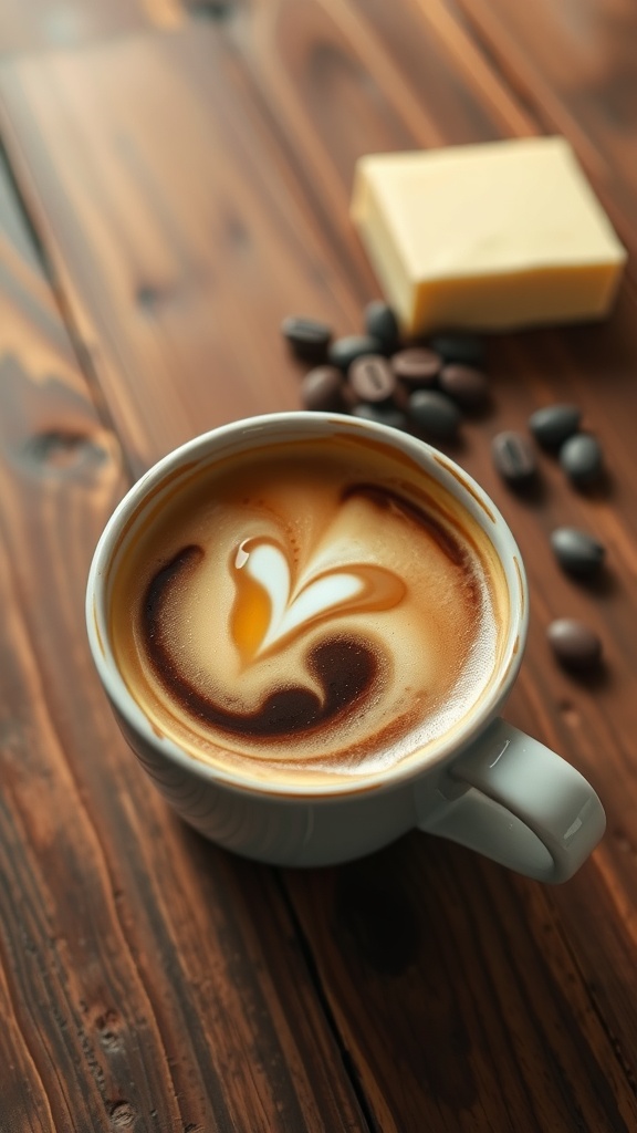 A cup of creamy Bulletproof Coffee with butter and coffee beans