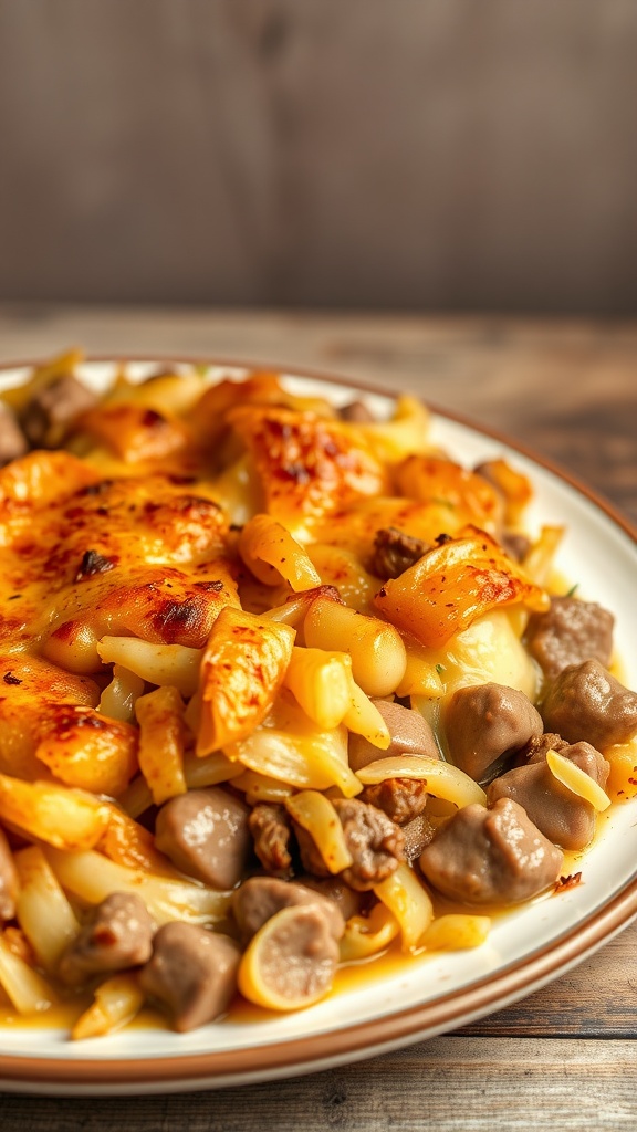 A delicious keto cabbage casserole featuring layers of beef and cheese.