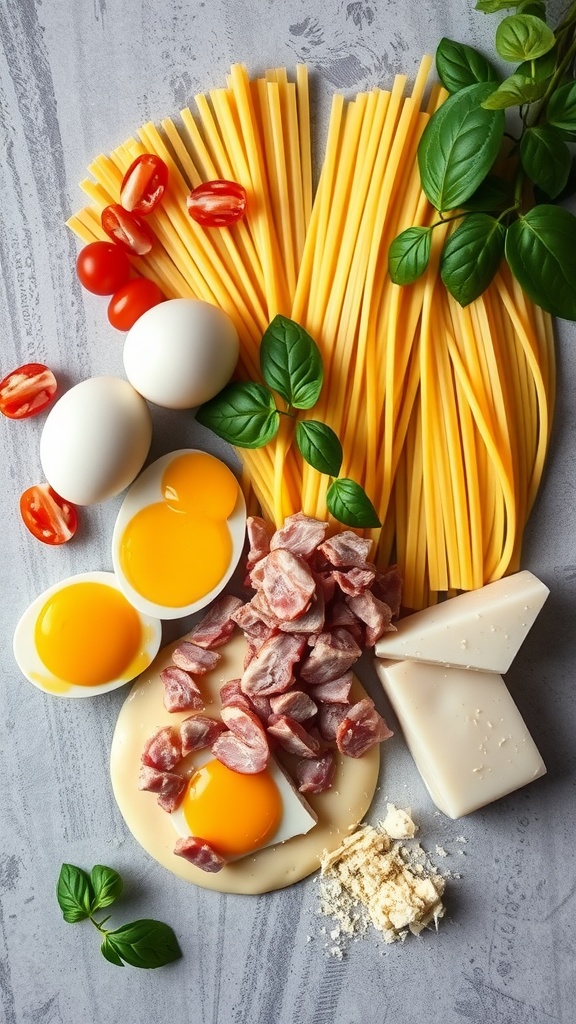 Ingredients for classic pasta carbonara, including spaghetti, eggs, pancetta, and cheese.