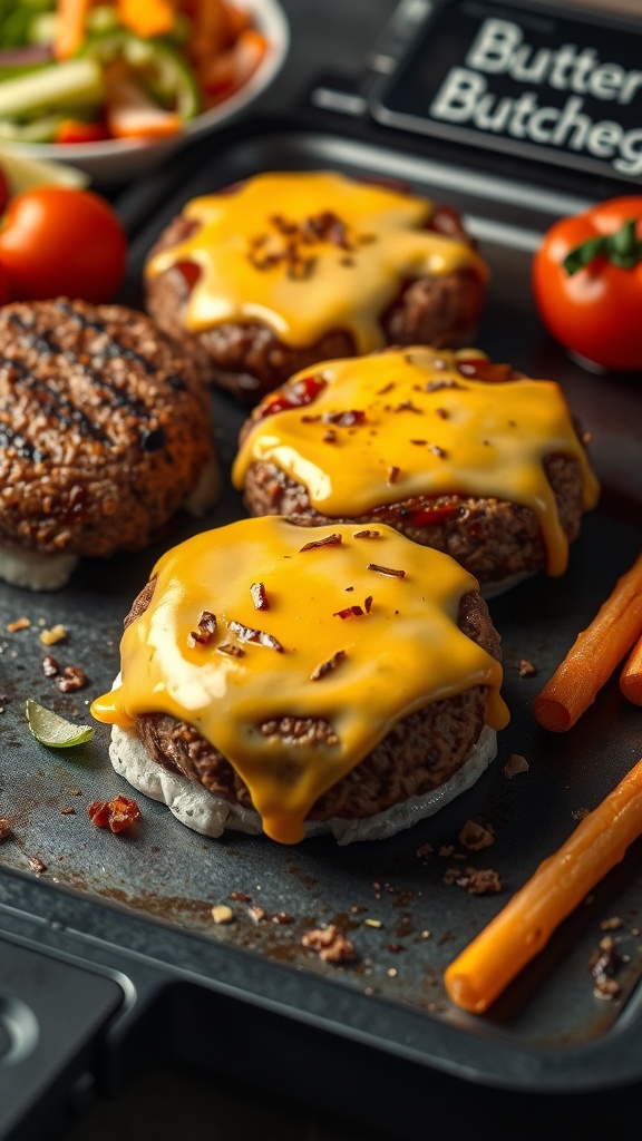 Classic cheeseburgers with melted cheddar cheese on a griddle