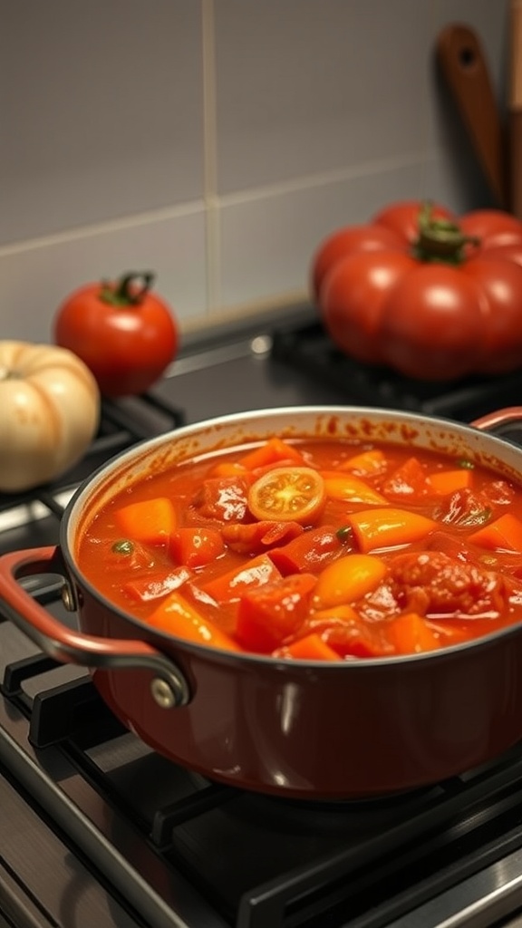 A pot of stewed tomatoes cooking on the stove, featuring colorful ingredients.