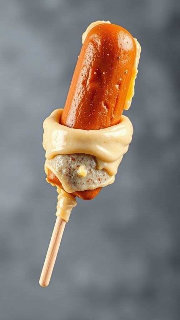 A corn dog with a crispy batter on a wooden stick, ready to be enjoyed.