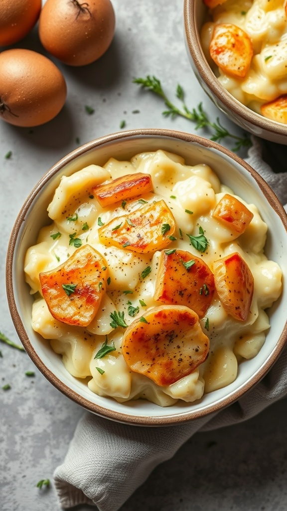 A delicious bowl of creamy scalloped potatoes topped with parsley.