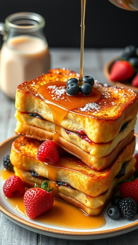 Classic custard-style French toast topped with blueberries and syrup.