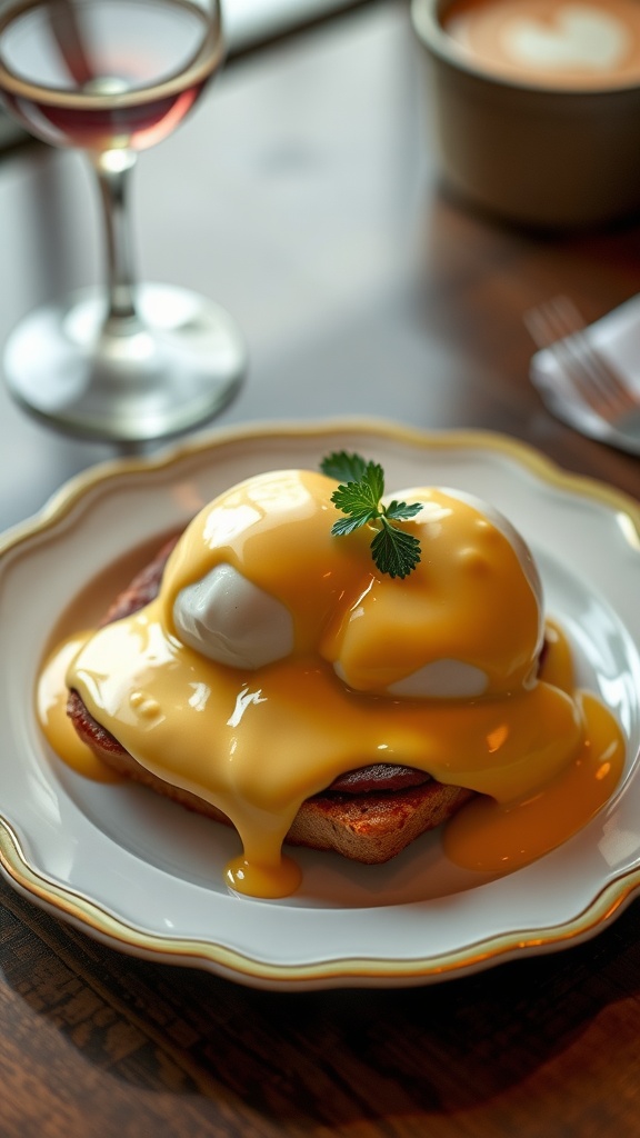 A plate of classic Eggs Benedict with poached eggs and hollandaise sauce