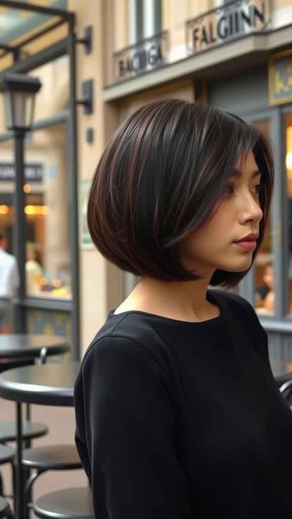 A woman with a classic French bob hairstyle, standing outdoors.