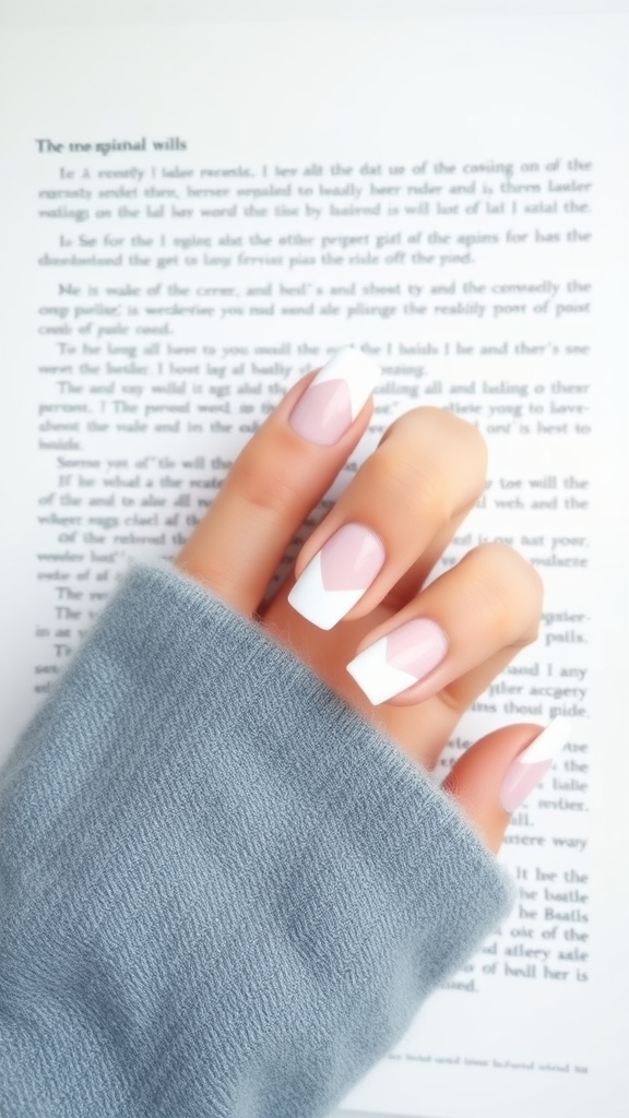 A hand with pink nails featuring a modern twist on the classic French manicure, showing white tips, resting on a book.