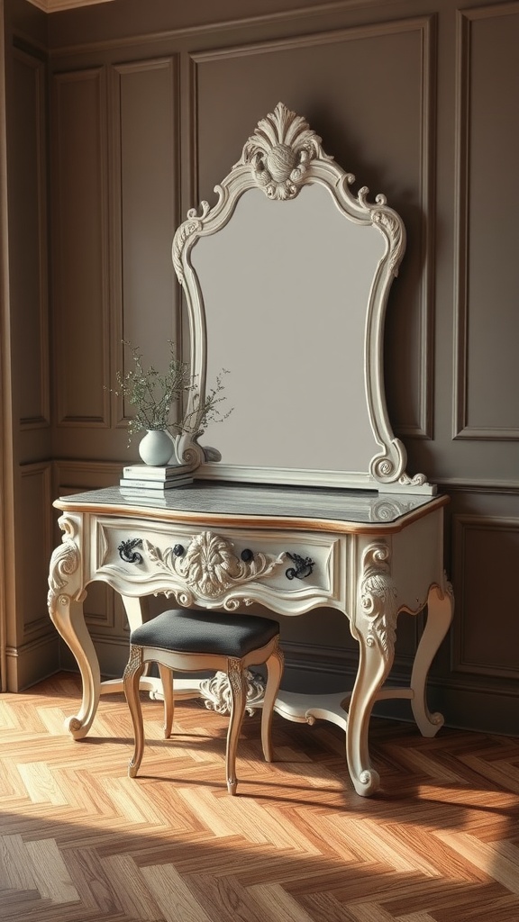 A classic French Provincial dressing table with ornate details and a matching stool, set against a warm wall.