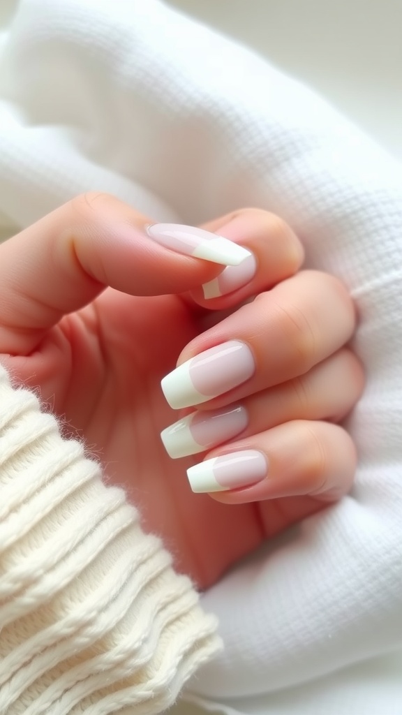 A close-up of a hand with classic French square nails, featuring a light pink base and white tips, resting on a soft fabric.
