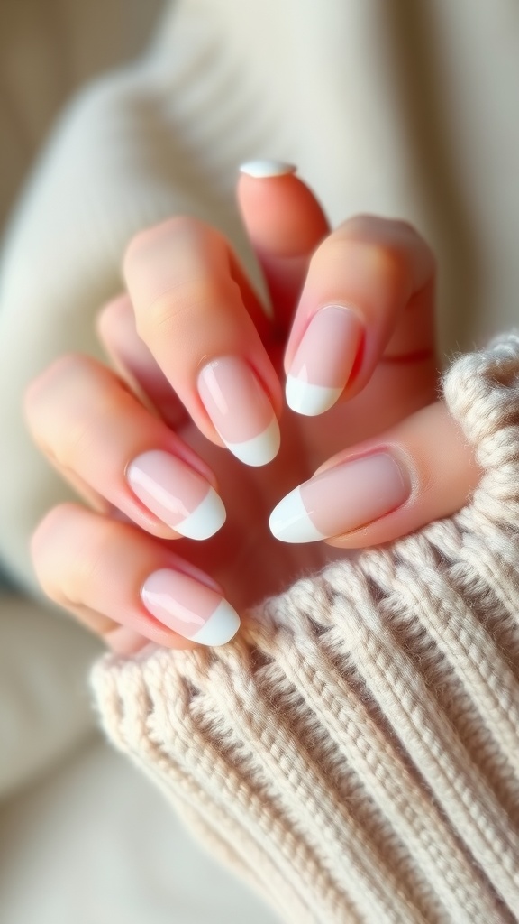 A close-up of elegantly manicured short almond nails featuring classic French tips with a modern twist.