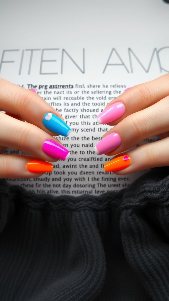 Colorful acrylic coffin nails in a mix of bright shades