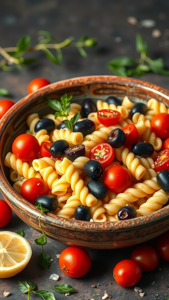 A bowl of classic Greek pasta salad with Kalamata olives, cherry tomatoes, and fresh herbs.