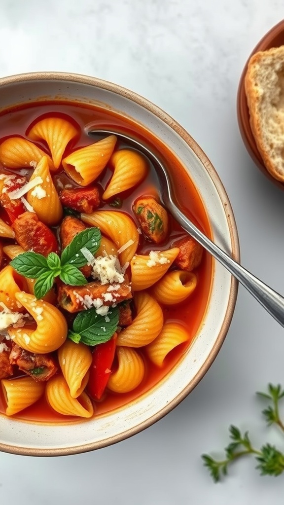 A bowl of pasta fagioli with pasta, beans, and fresh herbs