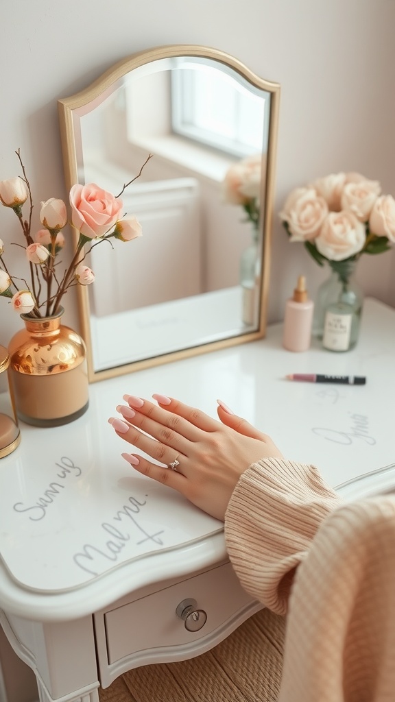 A hand with classic nude ombre nails resting on a vanity