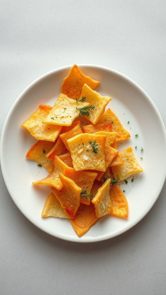 A plate filled with crispy, golden Parmesan cheese crisps garnished with herbs.