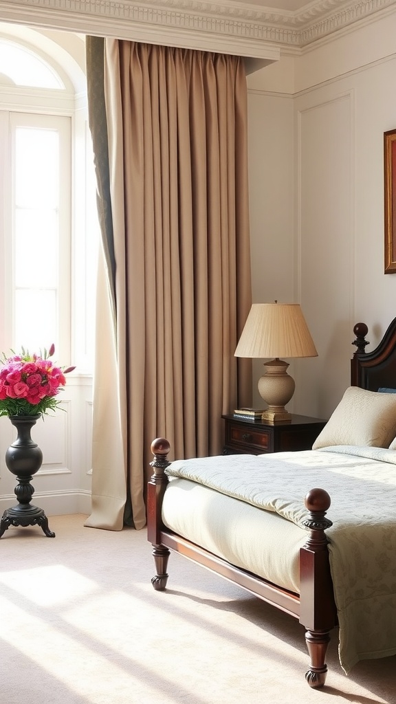 A cozy bedroom featuring classic pinch pleat drapes in neutral tones, a wooden bed, and a lamp.