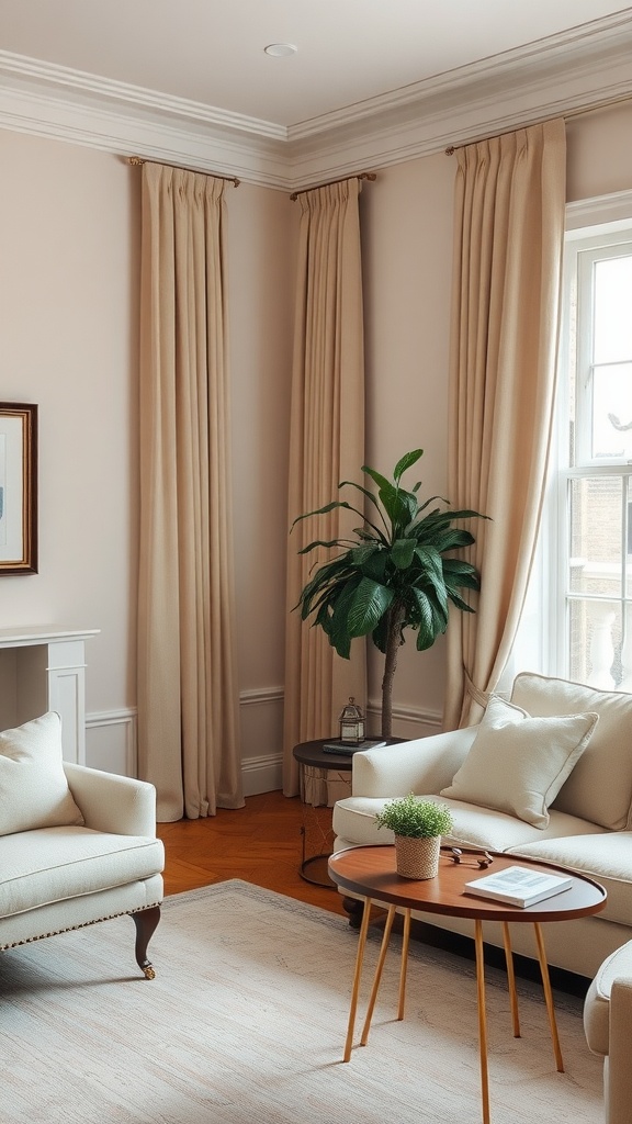 Living room with classic pinch pleat drapes in neutral colors.