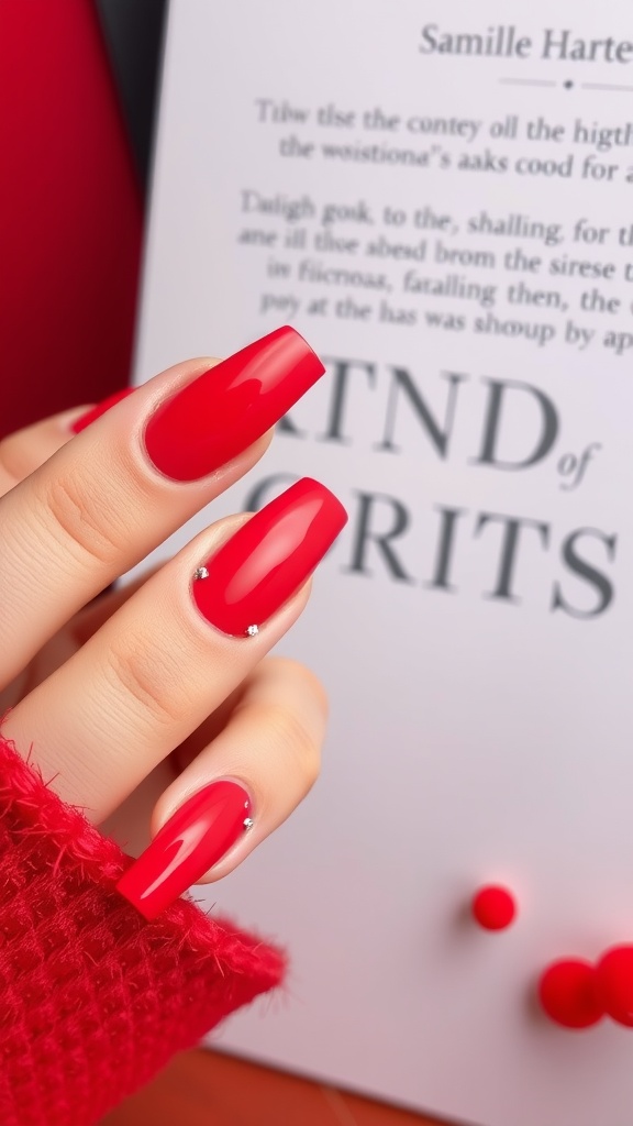 A close-up of stylish red coffin nails with rhinestones.