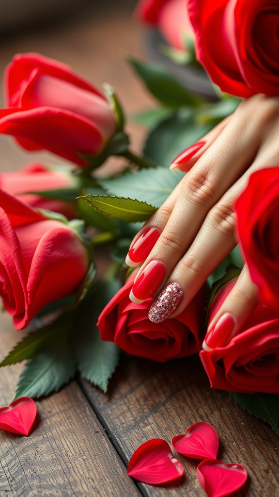 A hand with classic red nails and glitter tips, resting on red roses.