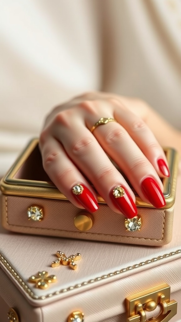 A hand with classic red nails adorned with gold rhinestones, resting on a stylish handbag.