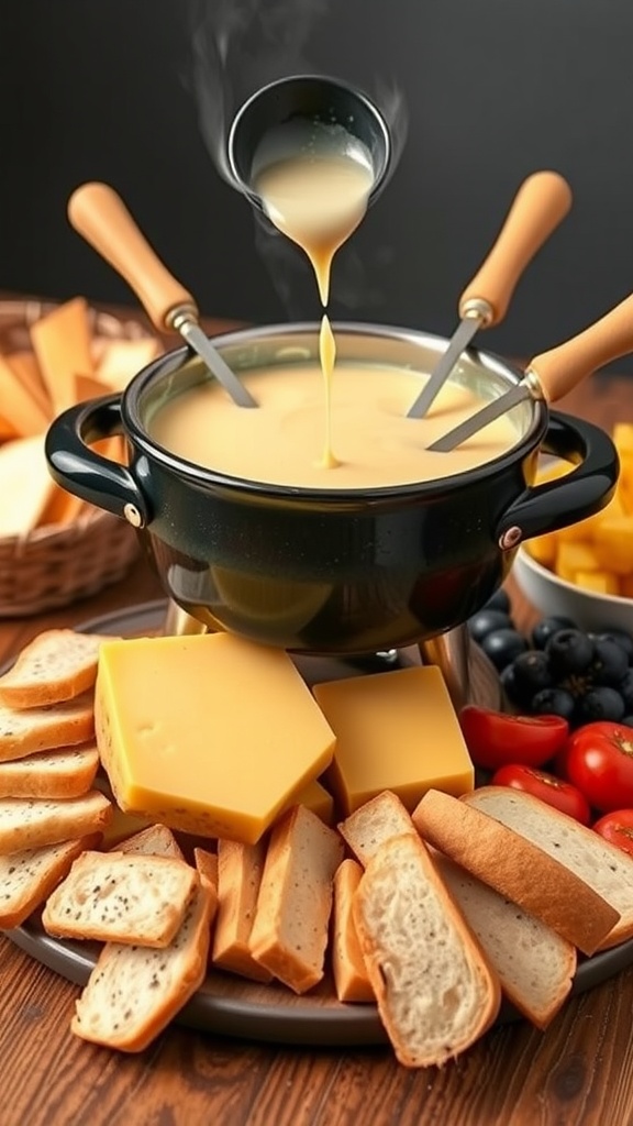 A pot of melting Swiss cheese fondue surrounded by slices of bread and fresh vegetables.