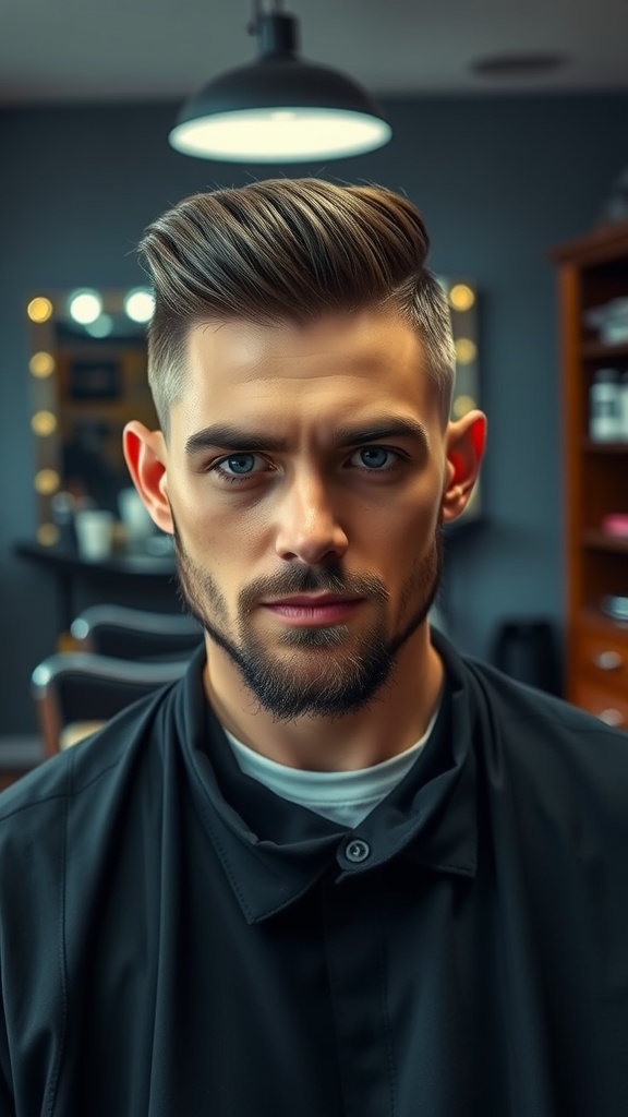 Man with a classic tapered haircut, showing short sides and longer hair on top.