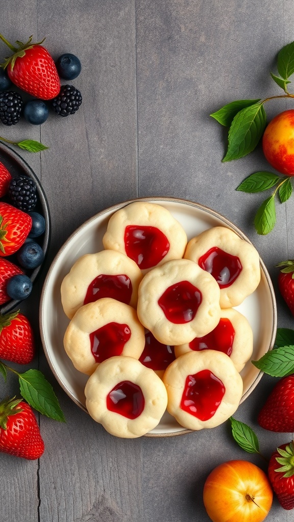 A plate of classic thumbprint cookies with red jam filling, surrounded by fresh berries and fruits.