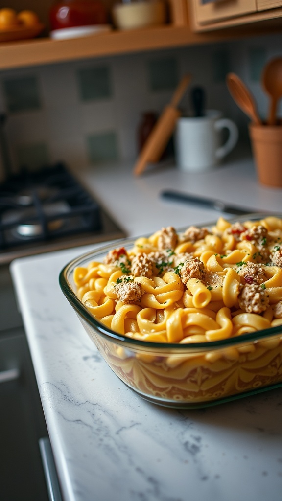 A delicious tuna noodle casserole ready to be baked.