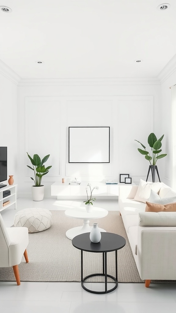 A bright and airy living room with white walls, modern furniture, and green plants.