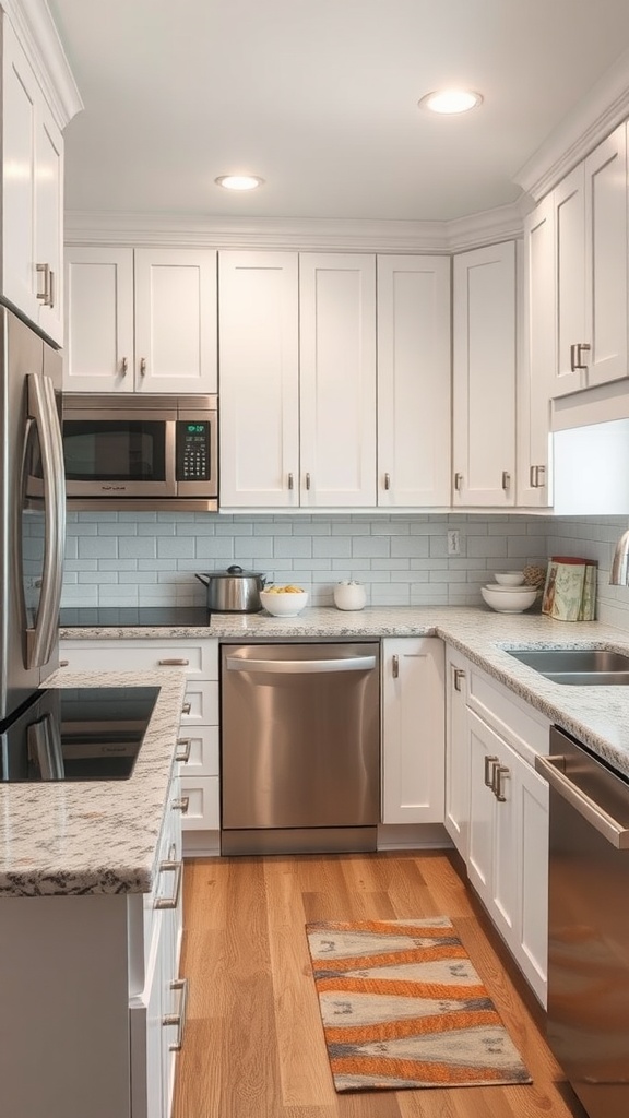 A cozy kitchen featuring classic white shaker cabinets with modern appliances and a bright atmosphere.