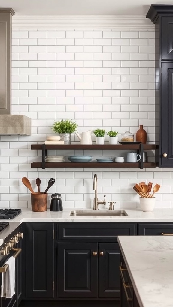 Kitchen with white subway tile backsplash and dark cabinetry