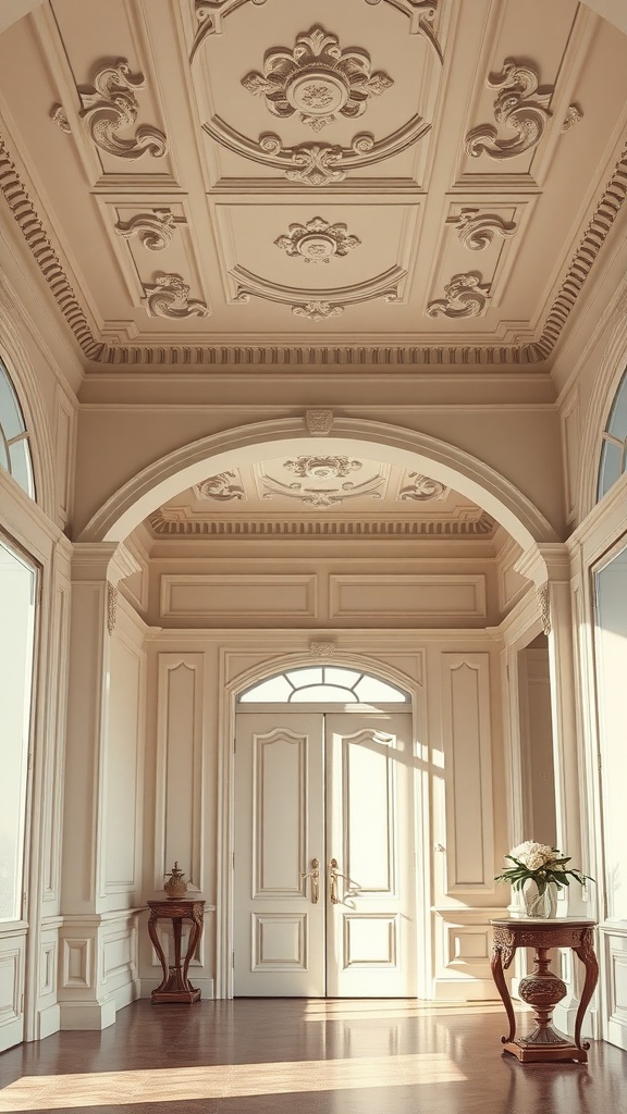 An elegant hallway featuring classical moulding details with soft colors.