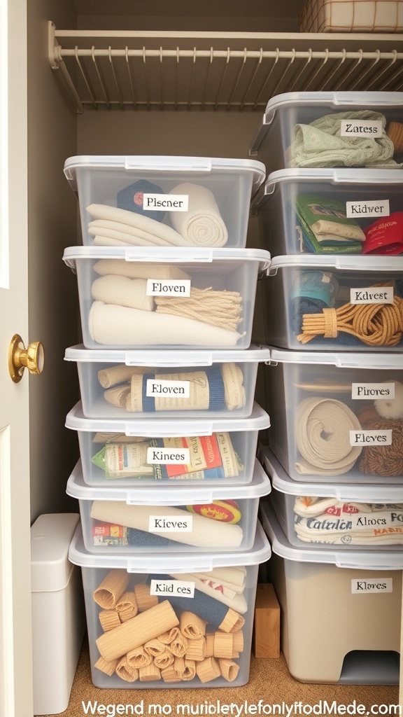 A neatly organized closet with clear storage bins labeled for easy visibility.
