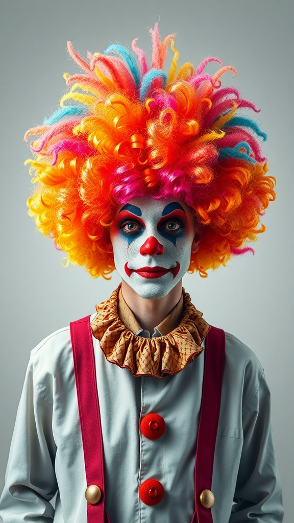 A person with an extravagant clown wig, colorful curls, and playful clown makeup.