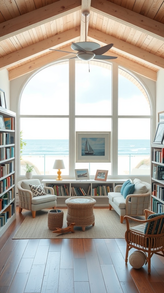 Coastal-inspired library featuring large windows with sea views, cozy seating, and bookshelves.