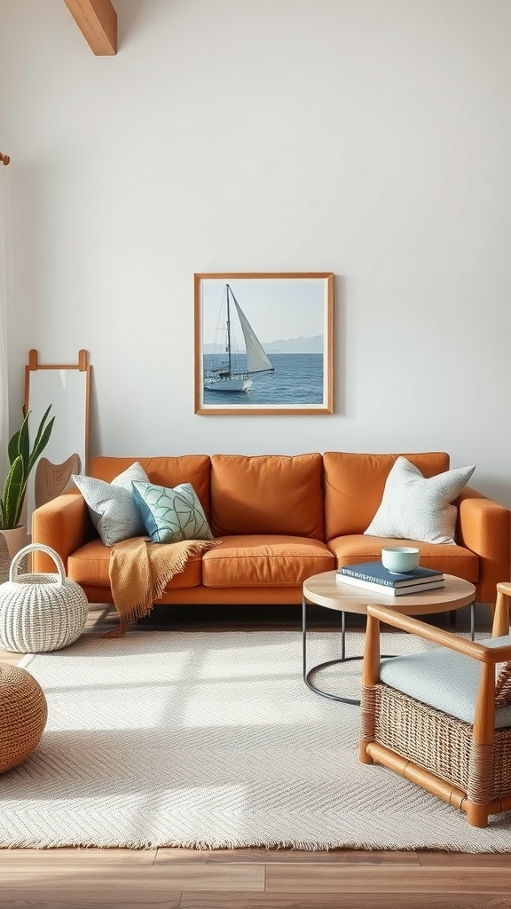 A living room featuring a brown couch, soft textures, and coastal decor.