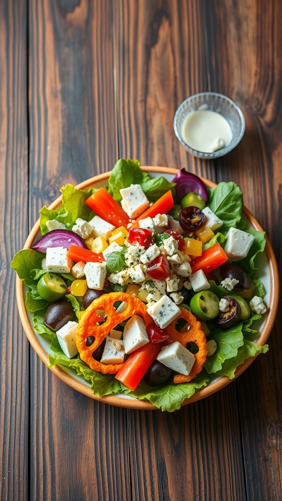 A colorful Cobb salad featuring mixed greens, chicken, bacon, avocado, and blue cheese dressing.