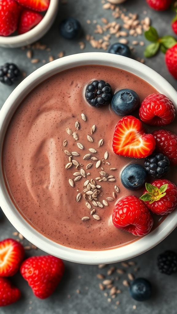 A delicious Cocoa Berry Smoothie topped with fresh berries and flax seeds.