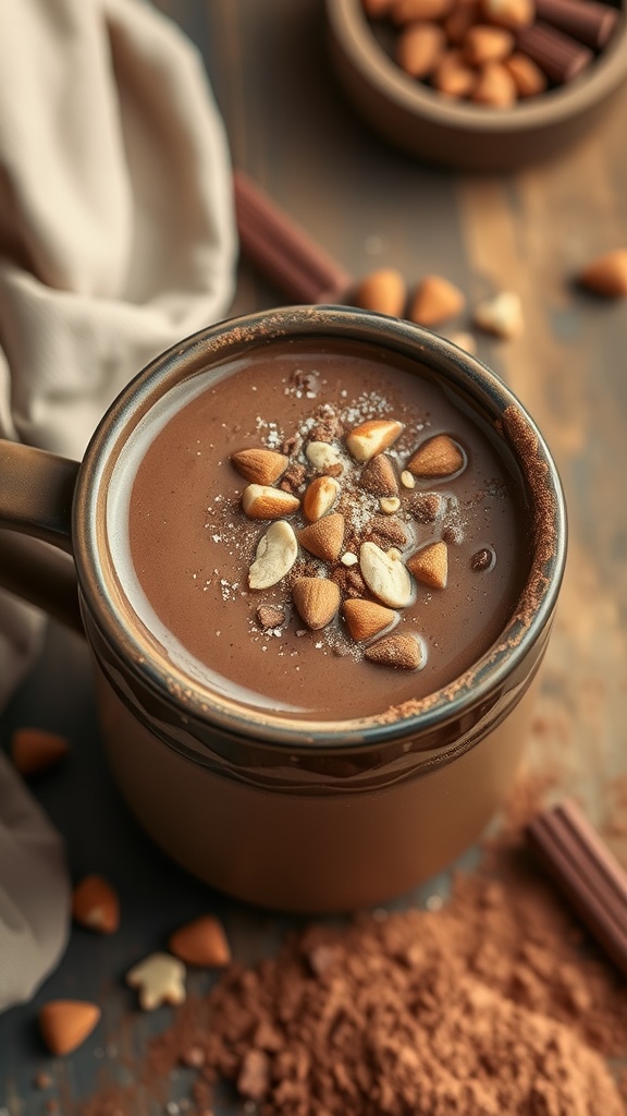 A delicious chocolate smoothie topped with nuts.