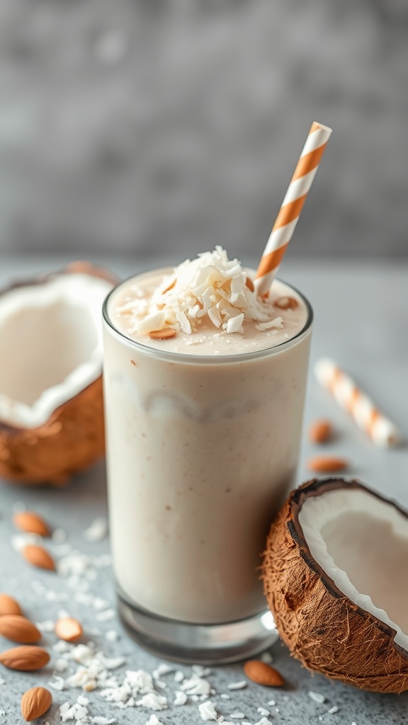 Coconut Almond Joy Smoothie served in a glass with a striped straw and coconut pieces