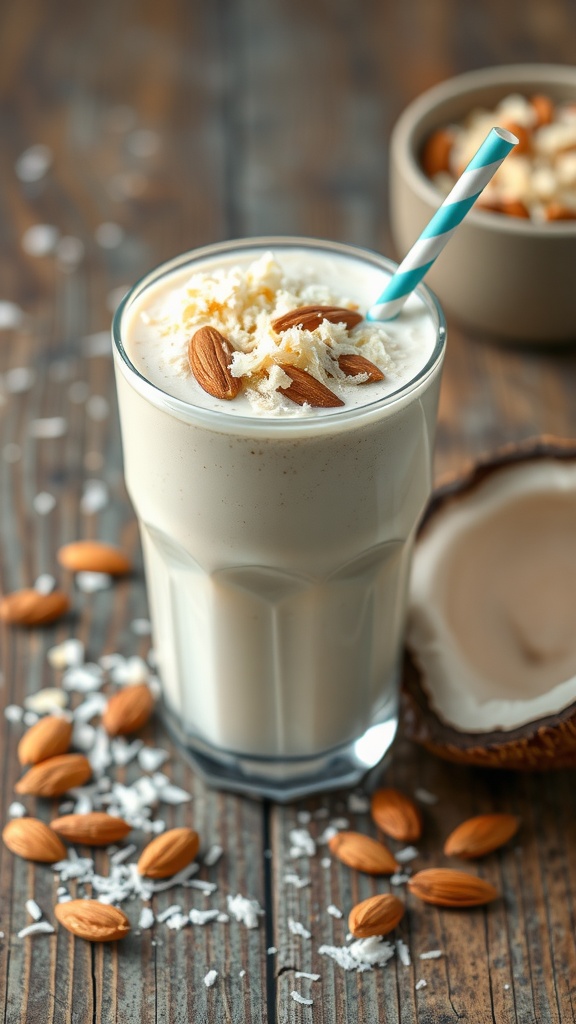 A glass of coconut almond smoothie topped with almonds and shredded coconut.
