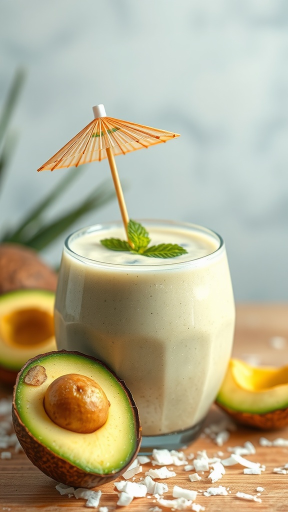A refreshing coconut avocado smoothie garnished with mint leaves and a small umbrella