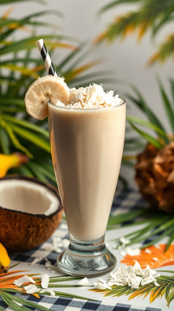 A refreshing Coconut Banana Immunity Shake served in a tall glass with a straw, topped with shredded coconut and a banana slice.