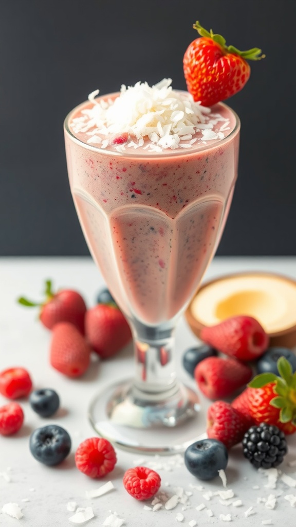 A delicious coconut berry smoothie topped with shredded coconut and fresh berries.