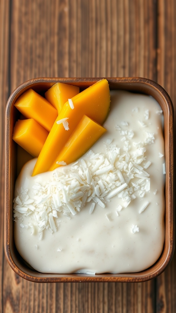 A bento box with coconut chia pudding topped with mango and shredded coconut.