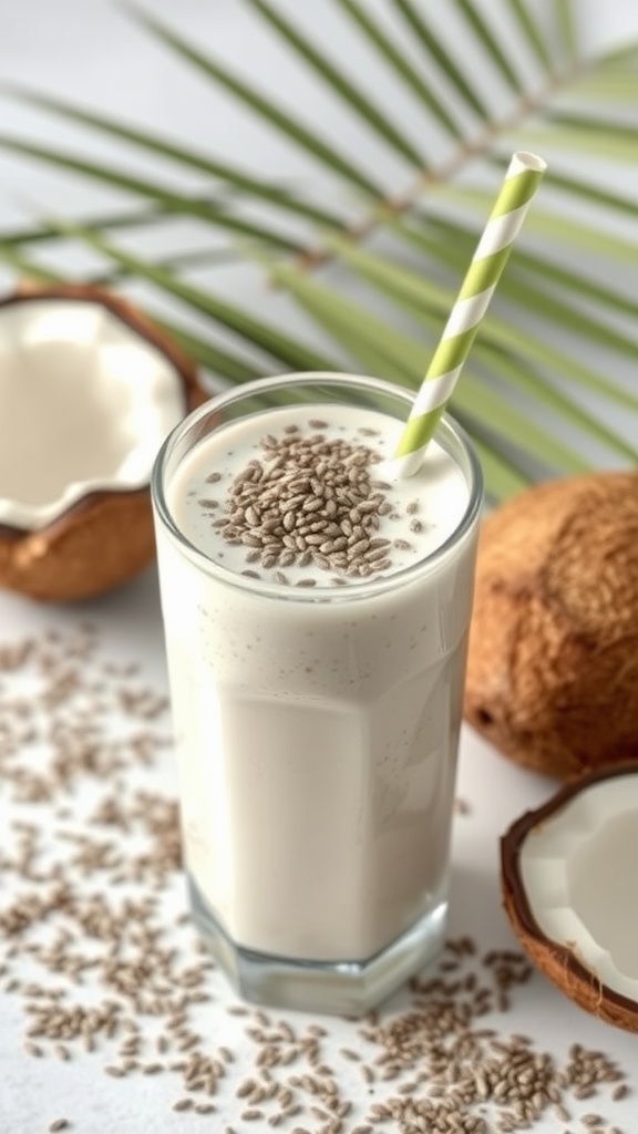 A refreshing coconut chia seed smoothie in a glass with a straw, surrounded by coconuts and chia seeds.