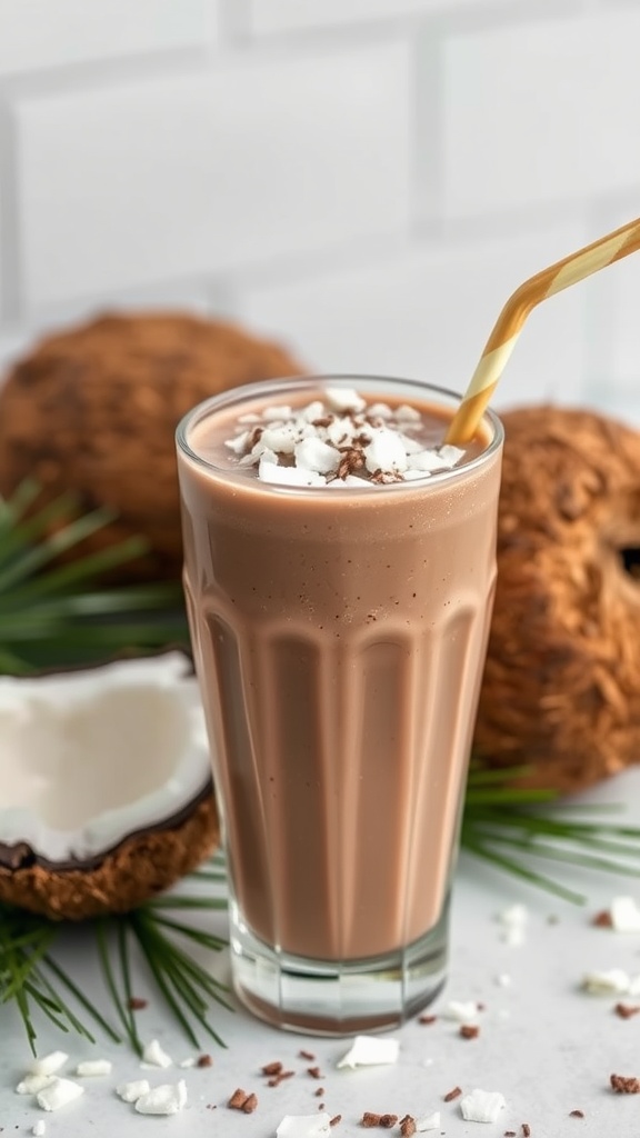 A glass of coconut chocolate smoothie garnished with coconut flakes.