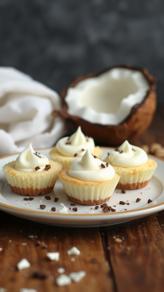 Coconut Cream Pie Bites on a plate with shavings of chocolate and a coconut shell in the background.